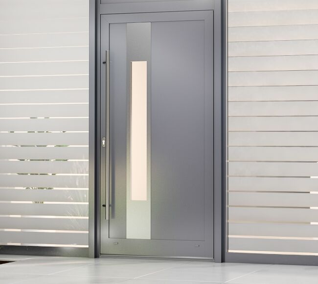 Bild Aluminium Haustür in Grau mit Glaslicht links, rechts oder in der Mitte und Stoßgriff außen