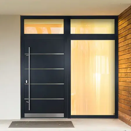 Bild Haustür Aus Aluminium mit volle Füllung und Glas Seitenteil und Oberlicht