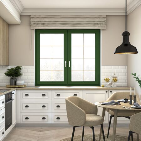 Bild Weiße Vintage Küche und grünes Fenster mit verdeckt liegenden Beschlag und golden Sprossen