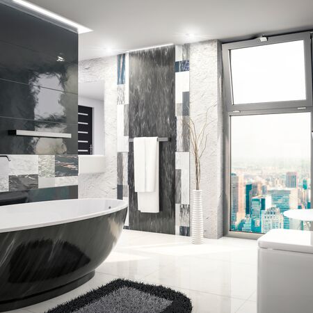 Bild Moderner Badezimmer mit Bodentiefe Fenster in Farbe schwarz