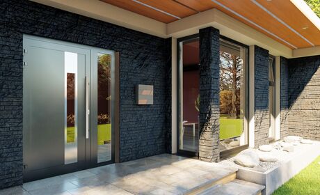 Bild Aluminium Haustür von Drutex mit Seitenteil und moderner Füllung in Anthrazitgrau