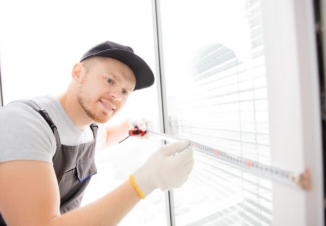 Bild Servicemitarbeiter misst einen Fensterflügel mit dem Maßband aus