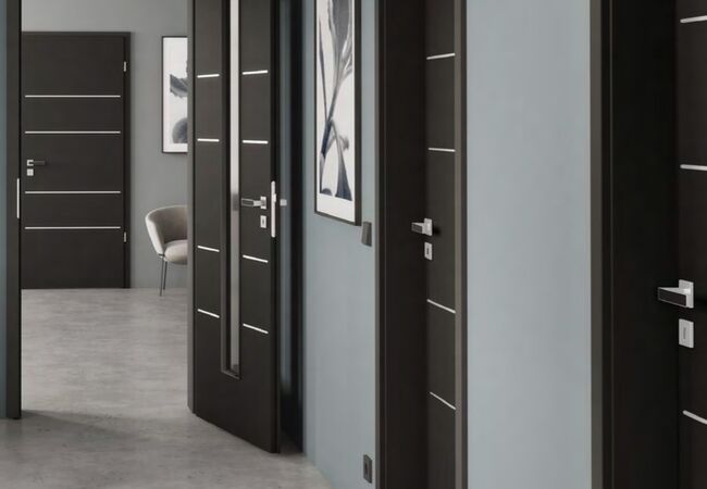 Bild Schwarze Innentüren Garant mit Glaseinsatz und silbernen Details