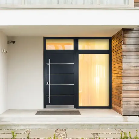 Bild Haustür Aus Aluminium mit volle Füllung und Glas Seitenteil und Oberlicht