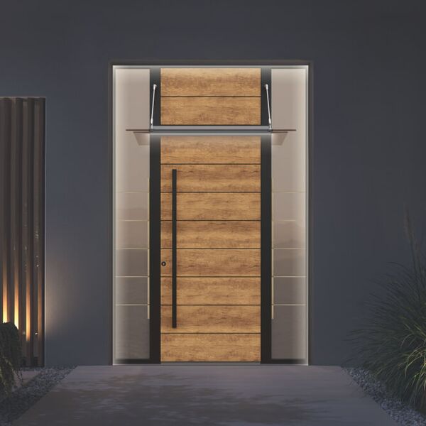 Bild Inotherm Aluminium Haustür mit  Led Beleuchtung, Holzdekor und Vordach aus Glas