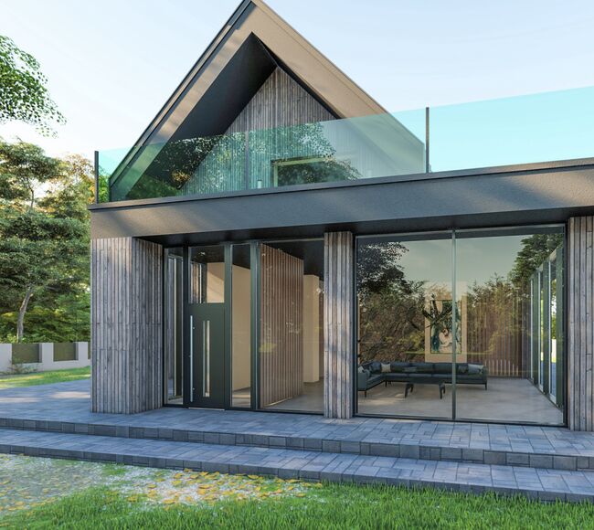 Bild Modernes Passivhaus mit großen, dunkleren und eleganten Fenster mit großen Verglasungsflächen