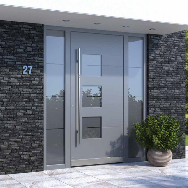 Bild Ein modernes Haus mit einflügeliger Aluminium Tür mit zwei Seitenteilen und Milchglas