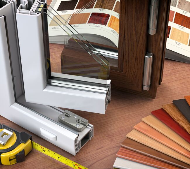 Bild Eckmuster von Kunststoff Fenster mit 2-Fach Verglasung und Farbe Weiß und Muster von verschiedenen Dekorfolien