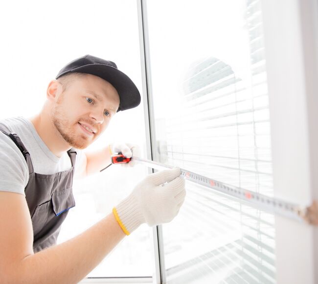 Bild Ein Handwerker misst eine Balkontür aus, um den passenden Sonnenschutz anzubringen.