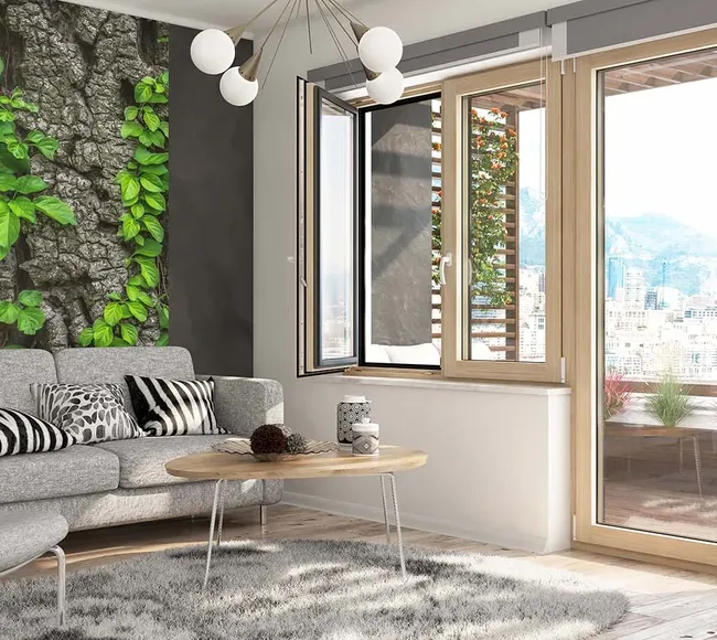 Bild Salon mit Balkon und Holz-Aluminium Balkontür und Fenster Duoline
