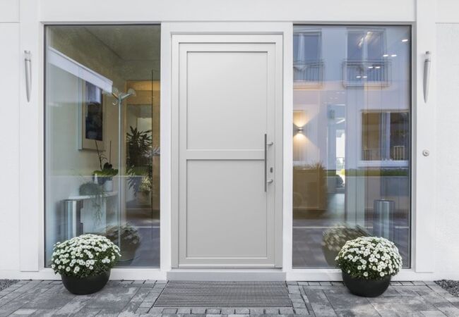 Bild Weiße Haustüren aus Kunststoff mit voller Füllung und verglaste Seitenteilen