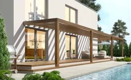 Bild Holzpergolen für die große Versanda und Terrasse bei Schwimmbad