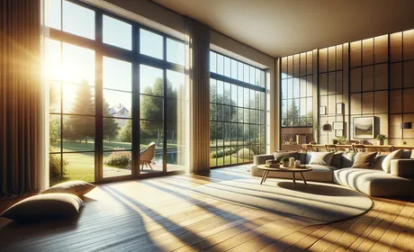 Bild Gemütliches Salon mit viel Licht, Holzelementen und großen Panorama Fenster und Balkontüren mit Sprossen
