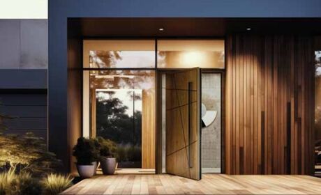 Bild Holzdekor Eingangstür MB-86 Pivot Door mit Seitenteilen und Oberlicht und schmalen Profile