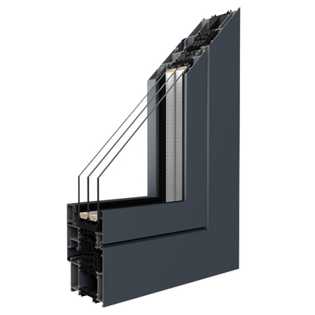 Bild Musterecke und Querschnitt des Fensters mit Aluminiumfenster und 3-Fach Verglasung
