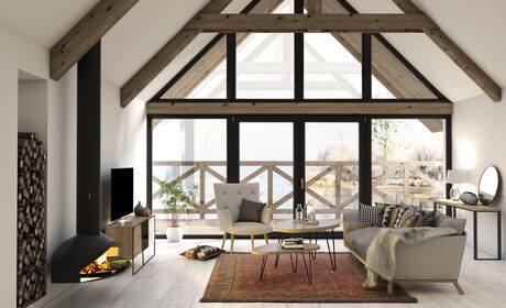 Bild Großer Wohnzimmer im Haus mit Glaswand aus Kunststoff Fenster und Balkontüren Iglo 5  mit dunkler Dekorfolie von Drutex