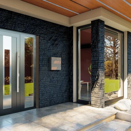 Bild Aluminium Haustür von Drutex mit Seitenteil und moderner Füllung in Anthrazitgrau