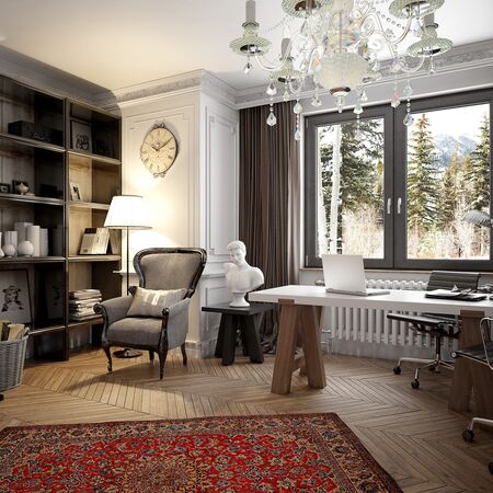 Bild Stillvolles Büro mit Kamine, Teppich und Kronleuchter mit Ausblick auf Wald durch Fenster in Anthrazitfarbe