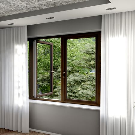 Bild Braune Kunststoff Fenster nach Außen öffnend im Schlafzimmer