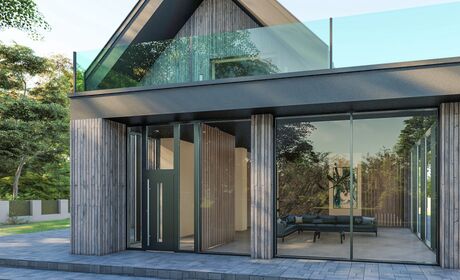 Bild Modernes Passivhaus mit großen, dunkleren und eleganten Fenster mit großen Verglasungsflächen