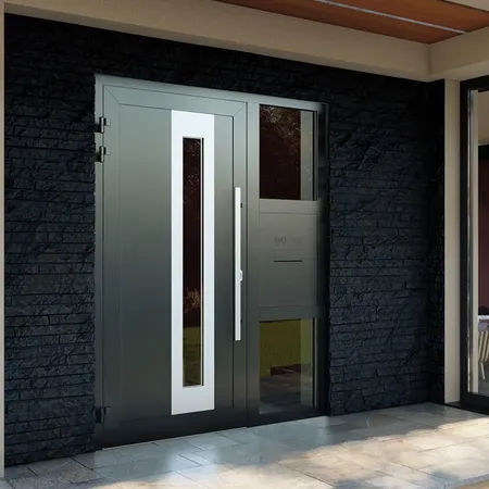 Bild nach außen öffnende Aluminium Haustür mit minimalistischem Briefkasten