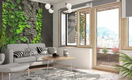 Bild Salon mit Balkon und Holz-Aluminium Balkontür und Fenster Duoline
