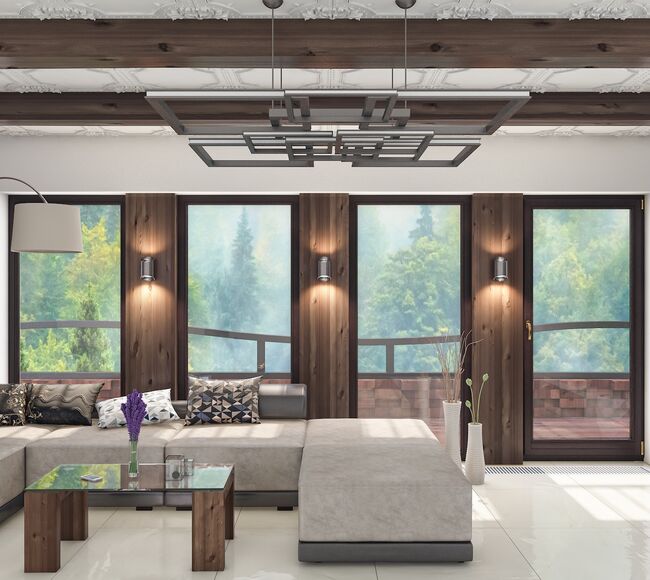 Bild Elegante Bodenfenster aus Holz Meranti in Lasur Nussbaum in schickem Salon