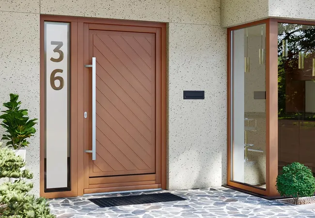 Bild Holzhaustür Softline mit Seitenteil, Füllung mit Fräsungen und Hausnummer