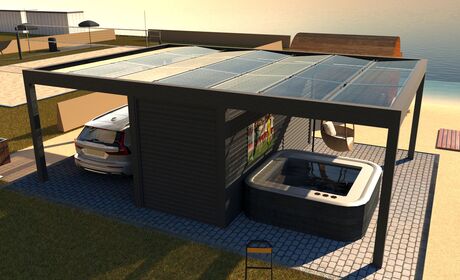 Bild Carport mit zwei Überdachungen aus Glas und Raum in der MItte