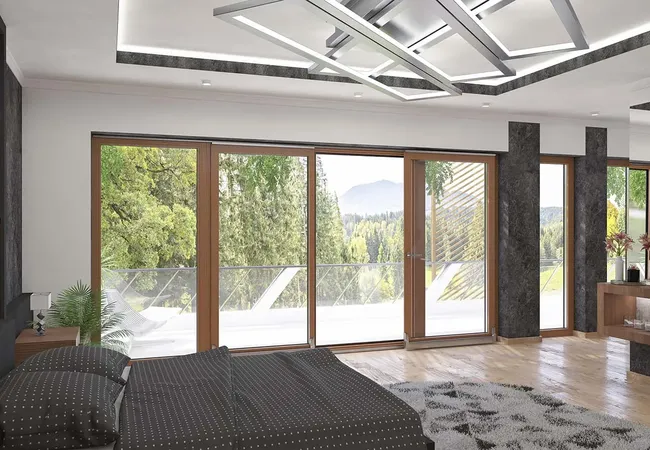 Bild Großer Schlafzimmer mit  Balkonschiebetür in Holzdekor und Ausgang zu Terrasse mit Glasbarriere