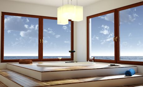 Bild Große 2-flg. Fenster aus Kunststoff mit Profile Iglo 5 in Badezimmer mit Ausblick