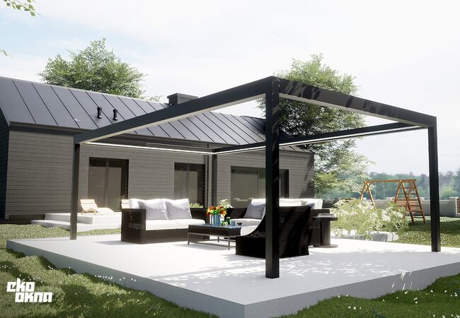 Bild moderne Aluminuim Pergola über Sitzgruppe im Garten