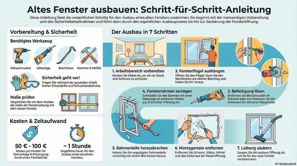 Bild Die Infografik zeigt eine Schritt-für-Schritt-Anleitung zum Ausbau eines alten Fensters mit Illustrationen und Werkzeugen.