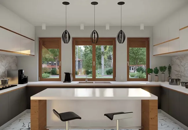 Bild Küche mit Insel und Fenster mit Rollläden aus Kunststoff mit Holzdekor Golden Oak