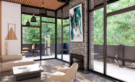 Bild Große Aluminiumfenster mit individuellem Design bieten einen weiten Blick auf die grüne Umgebung eines modernen Wohnzimmers.