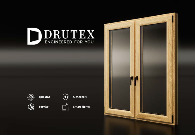 Bild Drutex 2-flügeliges Fenster mit Holzdekor und schwarze Griffe