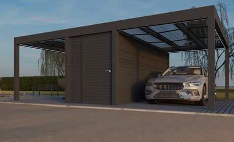 Bild Carport für zwei Autos mit Raum aus Blech in der Mitte in Farbe Anthrazit