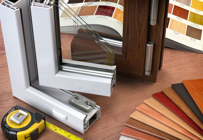 Bild Eckmuster von Kunststoff Fenster mit 2-Fach Verglasung und Farbe Weiß und Muster von verschiedenen Dekorfolien