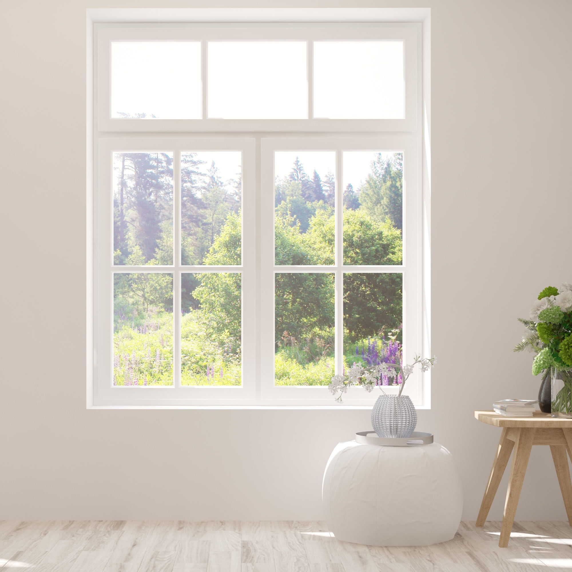 Bild Weiße Kunststoff Fenster mit aufliegenden Sprossen und jeder Aufteilung