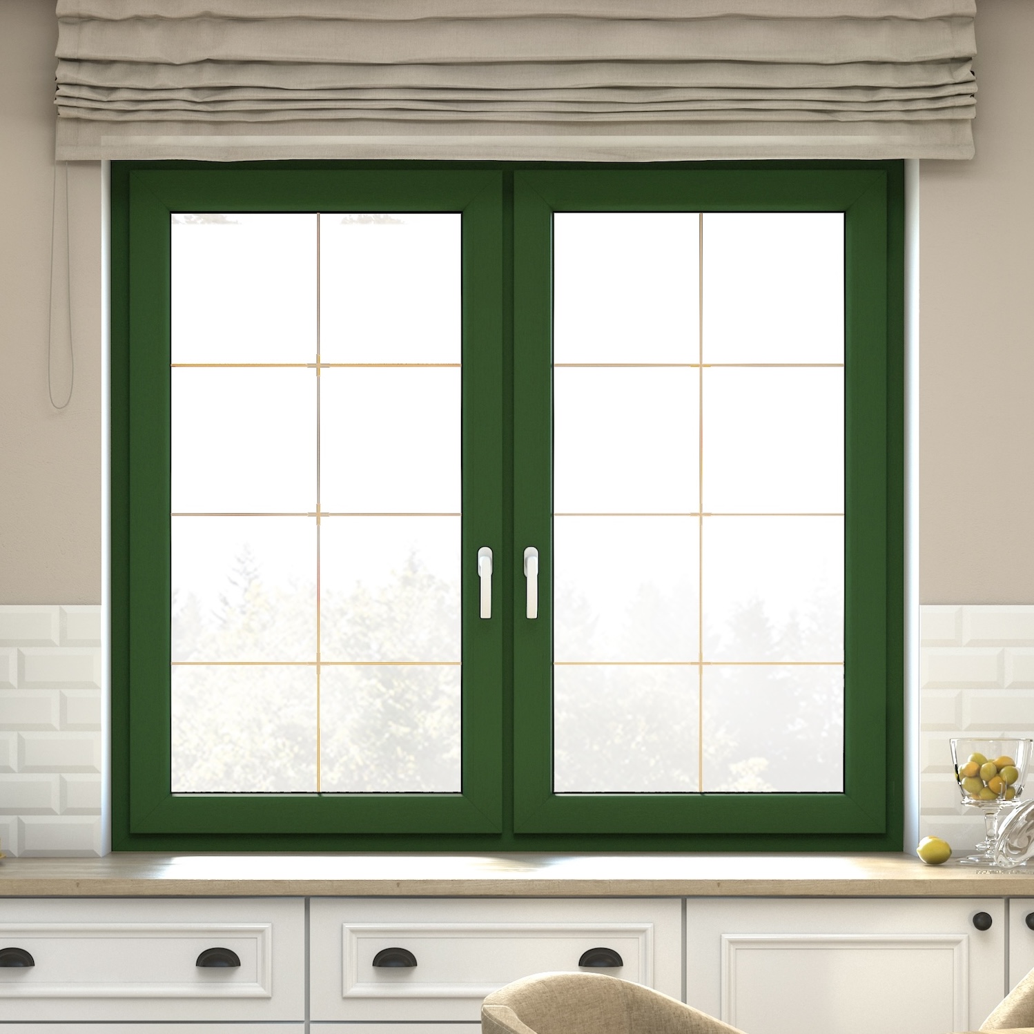 Bild Doppelflügelige Fenster mit Dekorfolie Grün, golden Sprossen und Dreh Kipp Funktion in der Küche