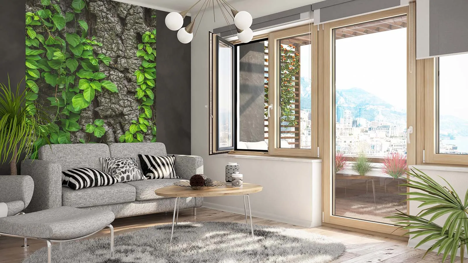 Bild Salon mit Balkon und Holz-Aluminium Balkontür und Fenster Duoline