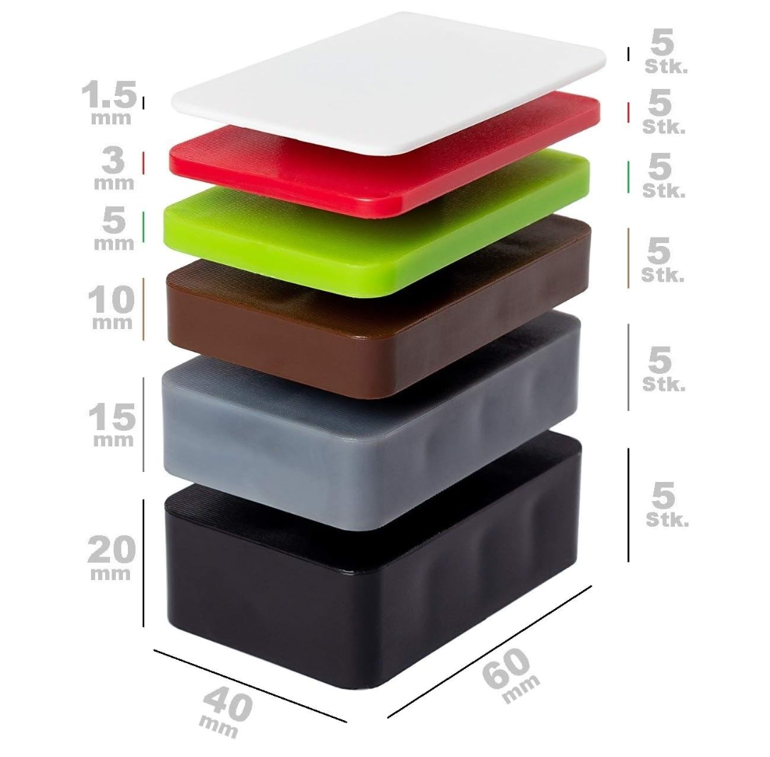 Kunststoff Unterlegplatten 40 × 60 mm – 30-teiliges Set | Bis 5 t belastbar, Stärken 1,5–20 mm für präzisen Höhenausgleich