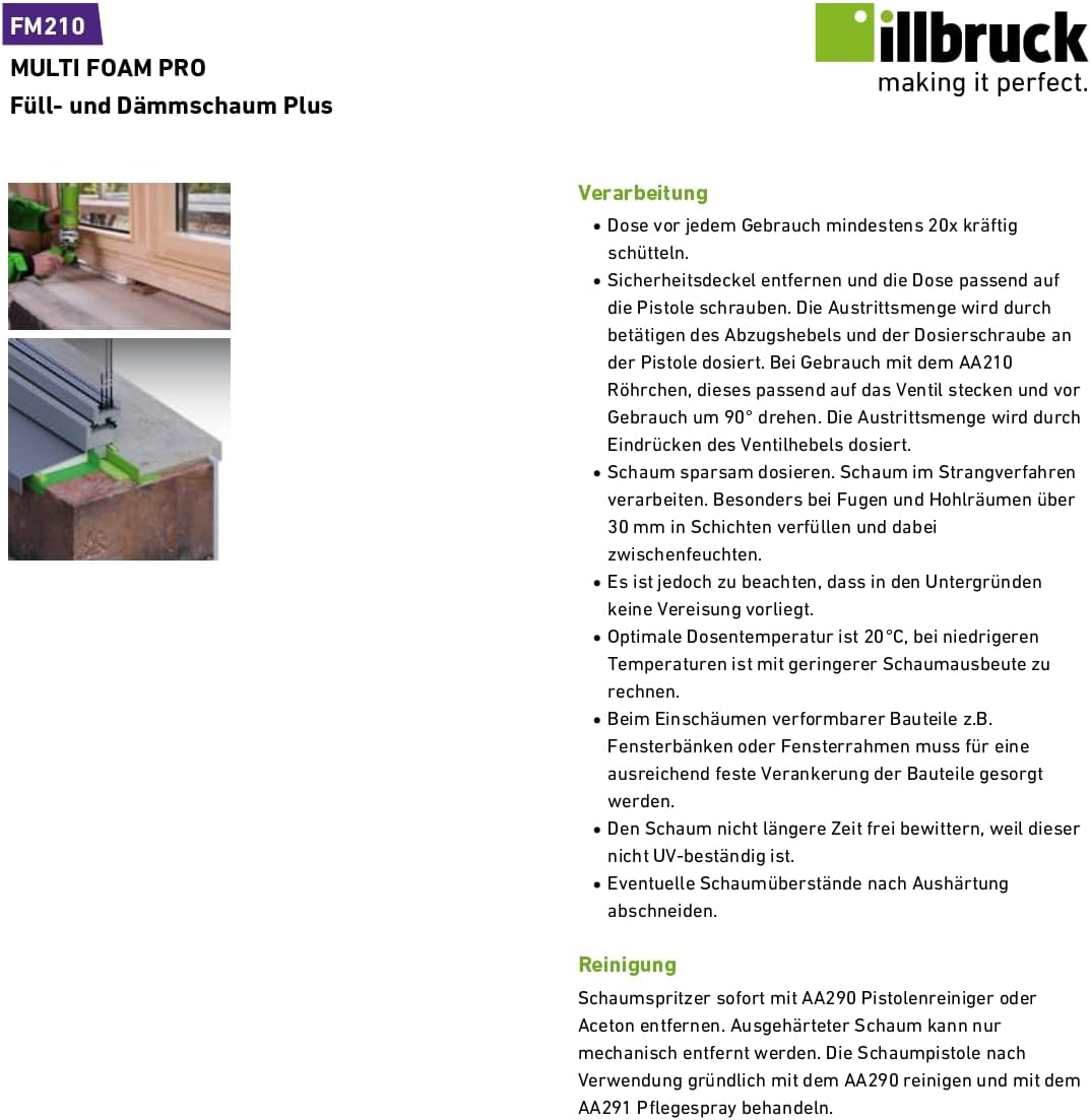 illbruck FM210 Fensterschaum 500 ml B2 grün – 1K PUR-Schaum für Fenster-, Tür- und Fassadenfugen